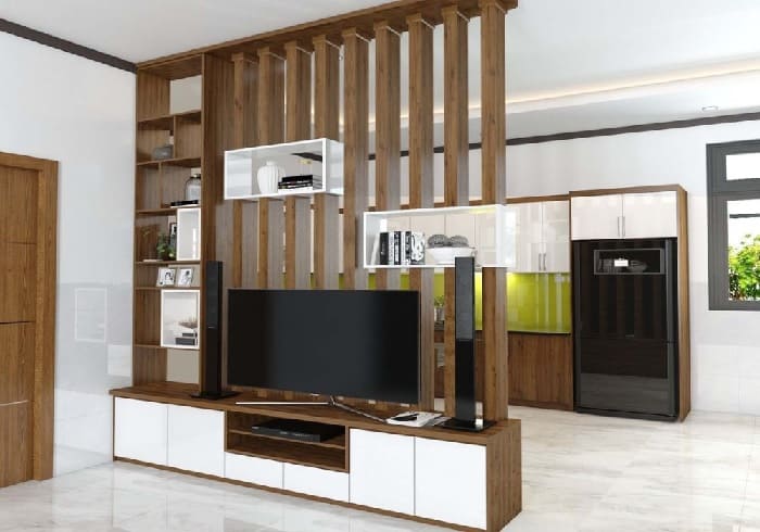 Kệ tivi ốp vân đá kết hợp với tủ trang trí tinh tế